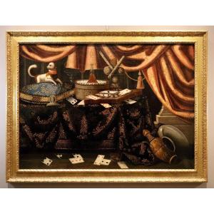Francesco Noletti (Malte, 1611 – Rome, 1654), Nature morte avec cartes à jouer, petit chien...