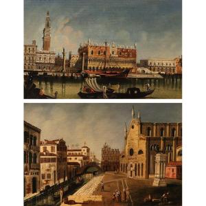 Paire de vues de Venise, Suiveur de Canaletto (Venise, 1697 - 1768)