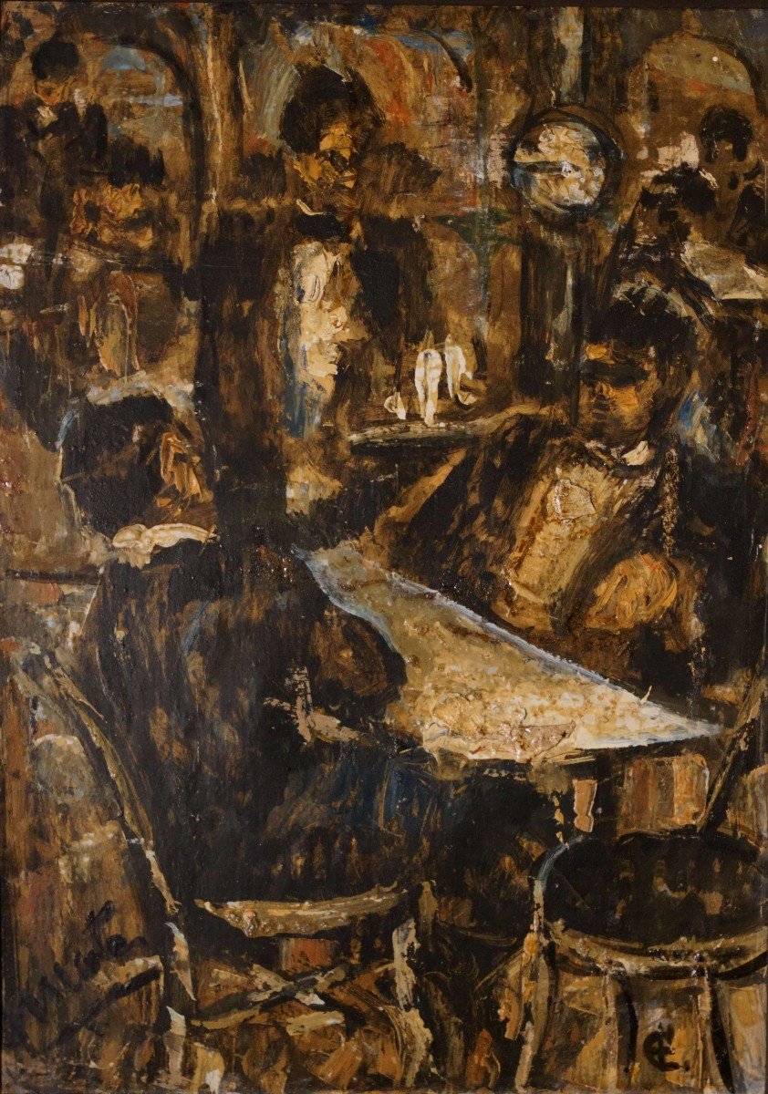 Antonio Fuentes (tanger 1905-1995) "au Café"  Peinture Marocaine Cubisme 