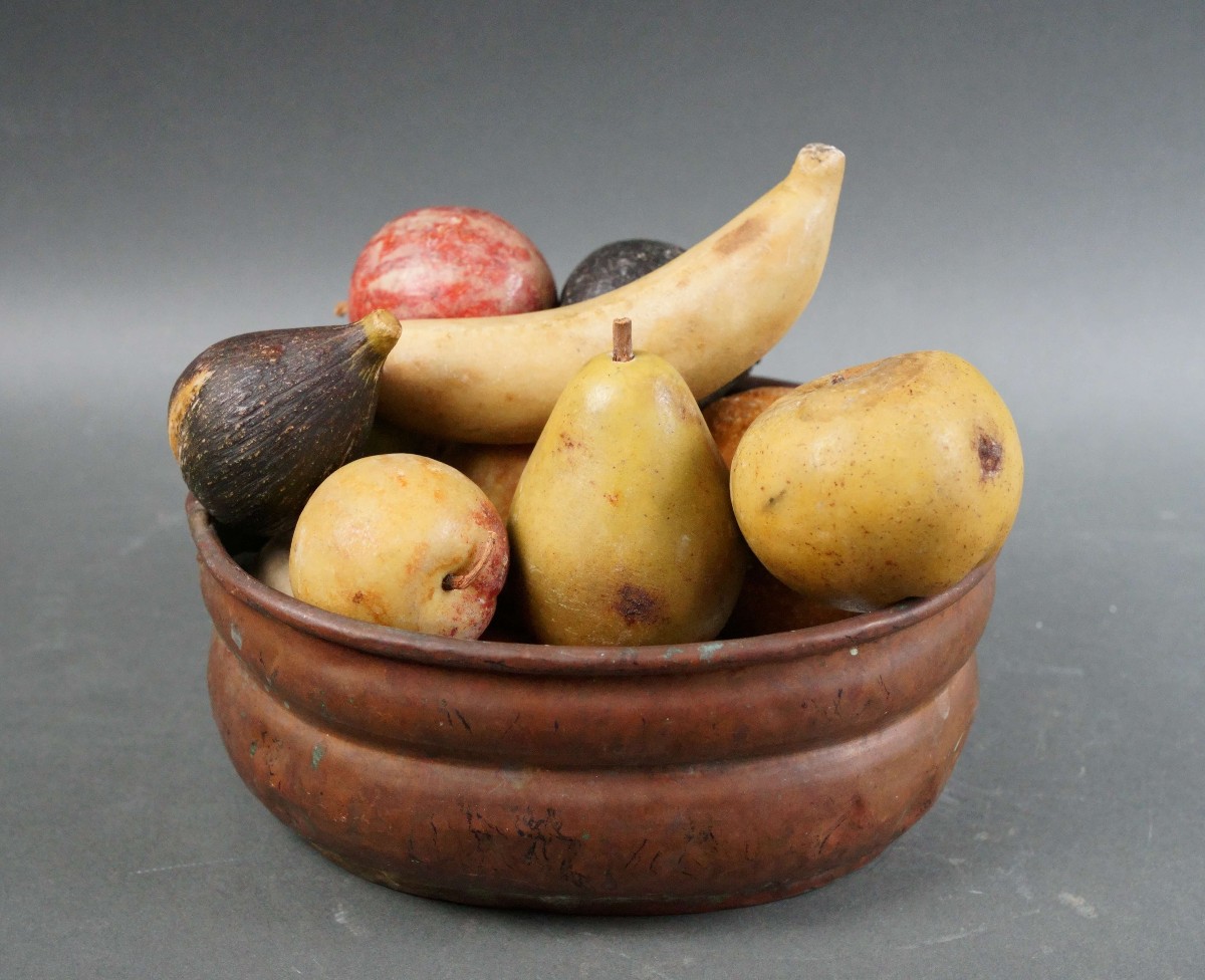 Ensemble de 13 Fruits En Marbre De Carrare Polychrome Nature Morte 19éme