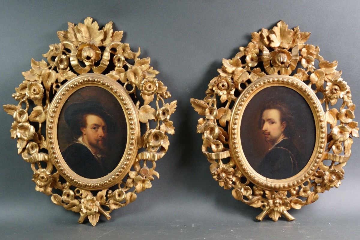 Mid-19th Pair Of Self-portraits Peter P. Rubens And Anthon Van Dyck In Gilt Wood Frames