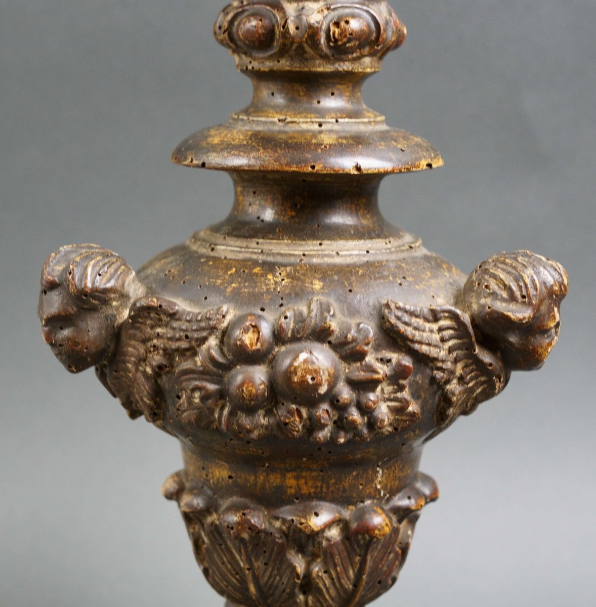 Early 18th Italian Baroque Candle Holder Carved Wood-photo-2