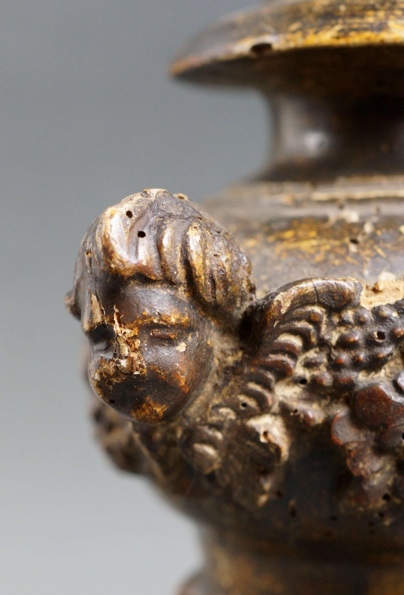 Early 18th Italian Baroque Candle Holder Carved Wood-photo-3