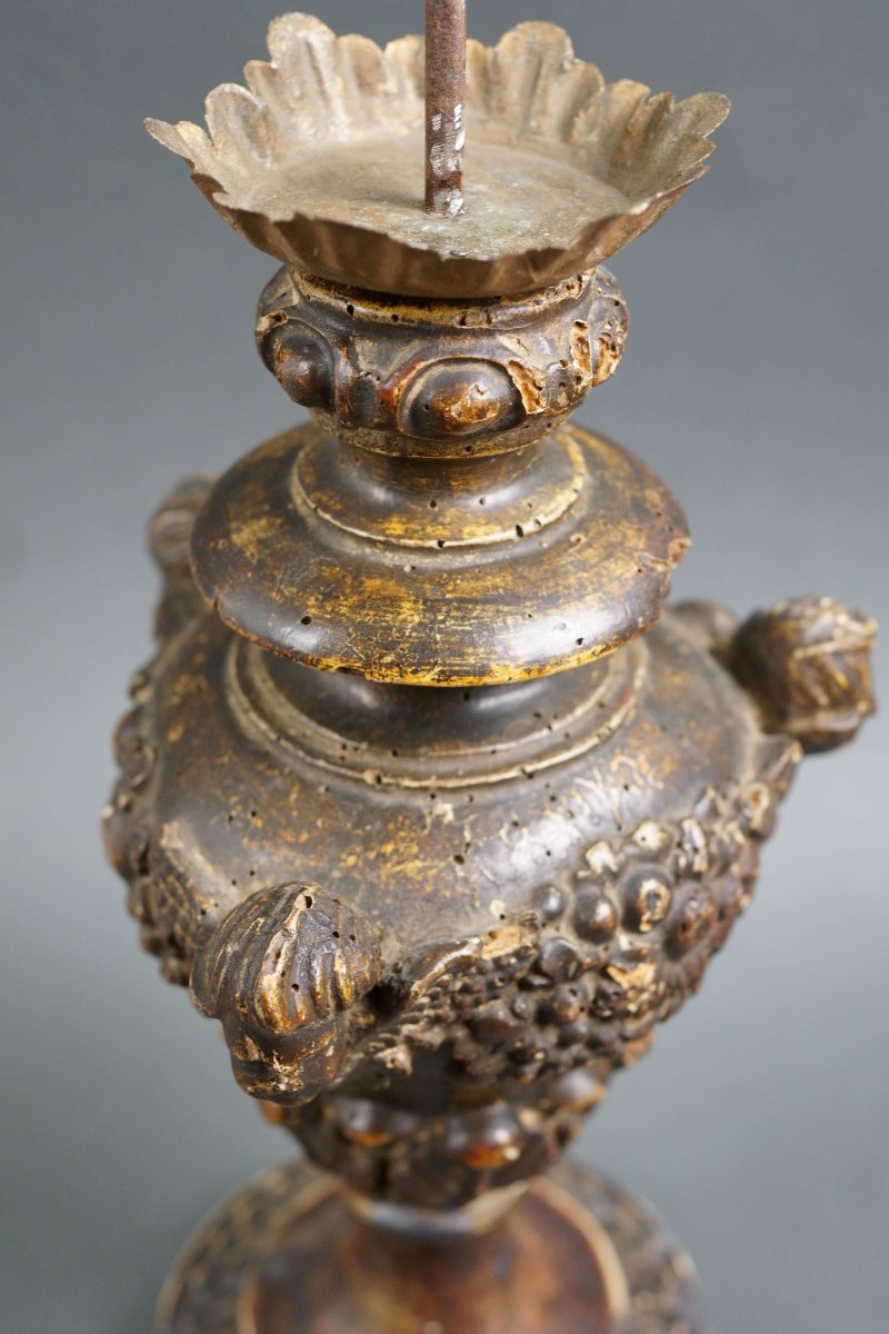 Early 18th Italian Baroque Candle Holder Carved Wood-photo-4