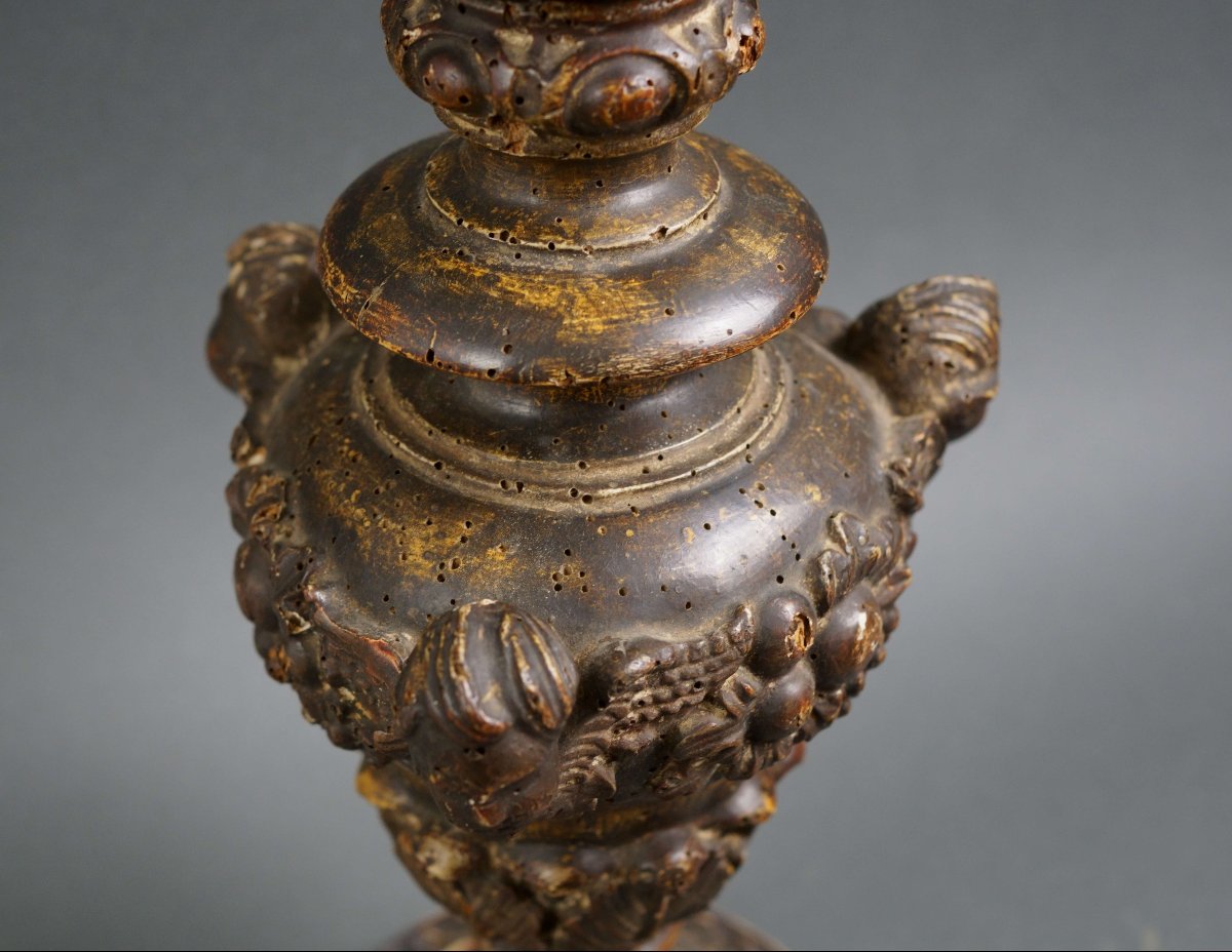 Early 18th Italian Baroque Candle Holder Carved Wood-photo-4