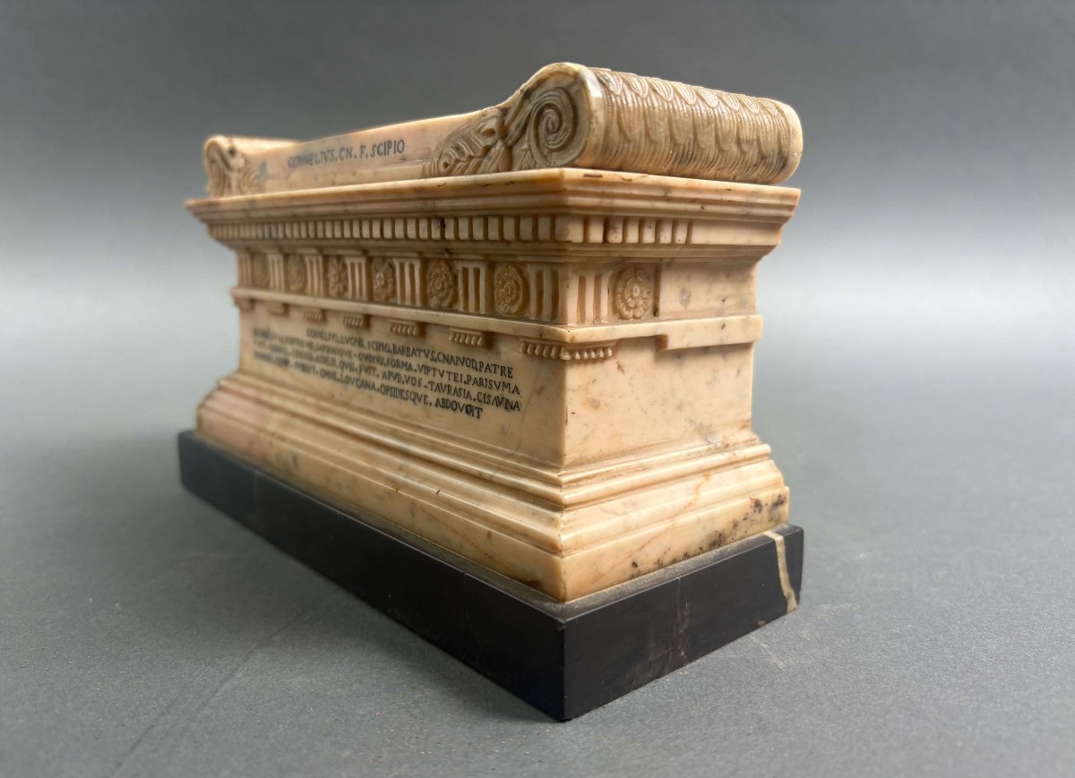 Early 19th Grand Tour Souvenir Marble Sarcophagus Of Lucius Cornelius Scipio Barbatus -photo-4
