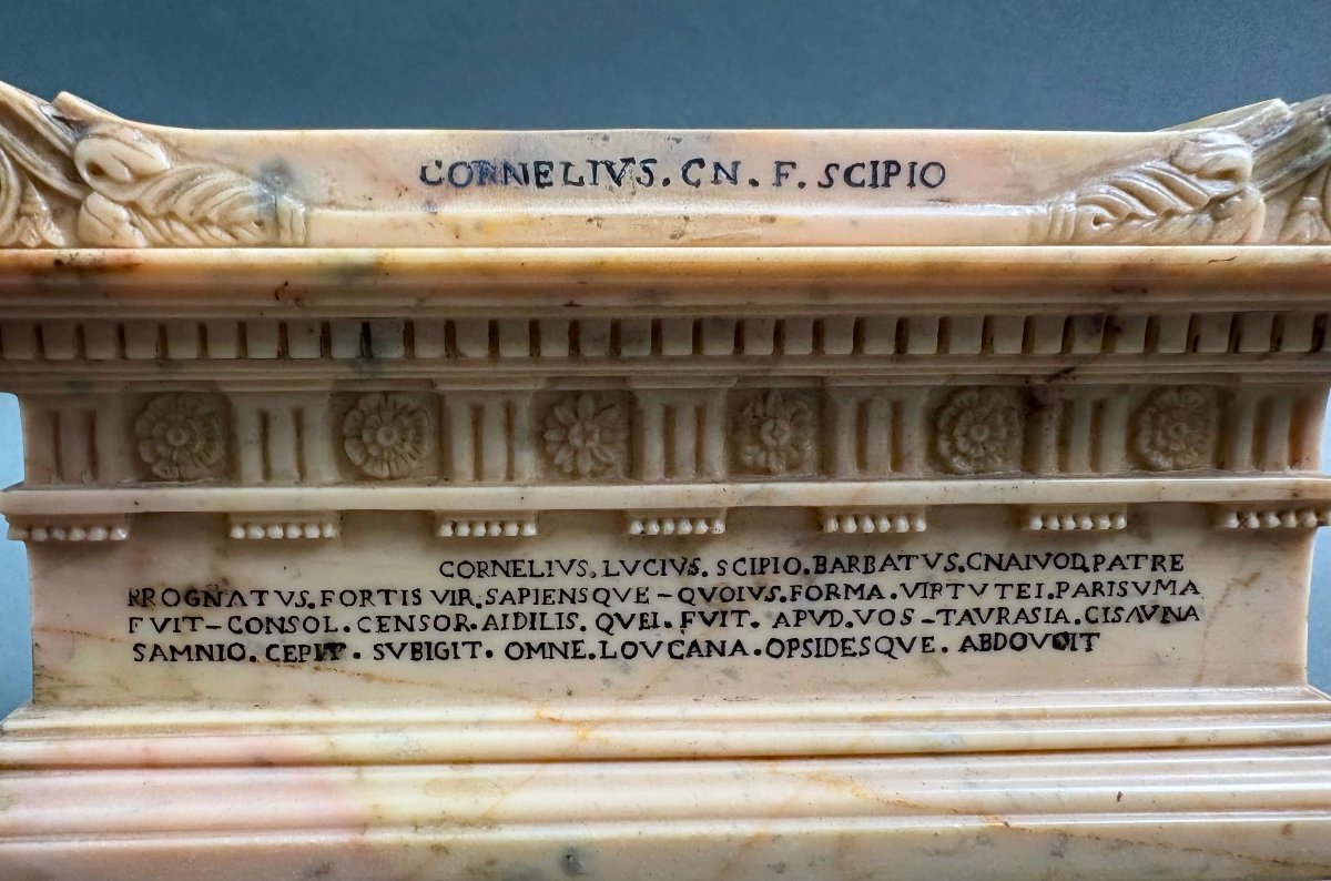 Early 19th Grand Tour Souvenir Marble Sarcophagus Of Lucius Cornelius Scipio Barbatus -photo-2