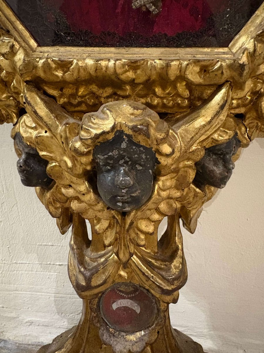 17th Imposing Gilt Wood Italian Reliquary With Six Relics-photo-5