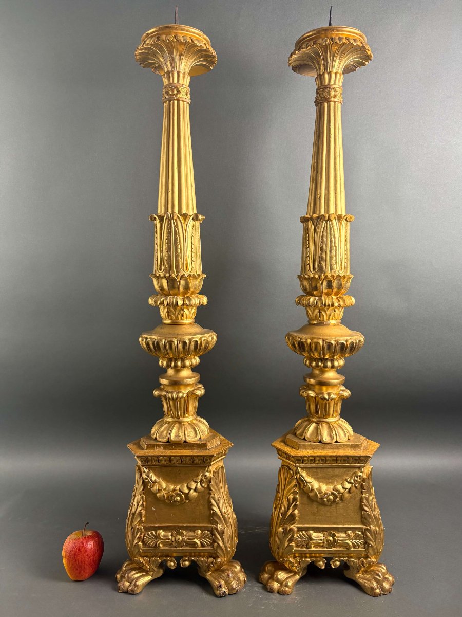 18th Imposing Pair Of Gilt Wood Candlesticks-photo-2