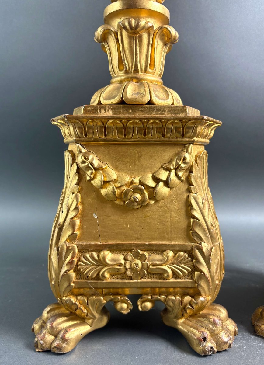 18th Imposing Pair Of Gilt Wood Candlesticks-photo-3
