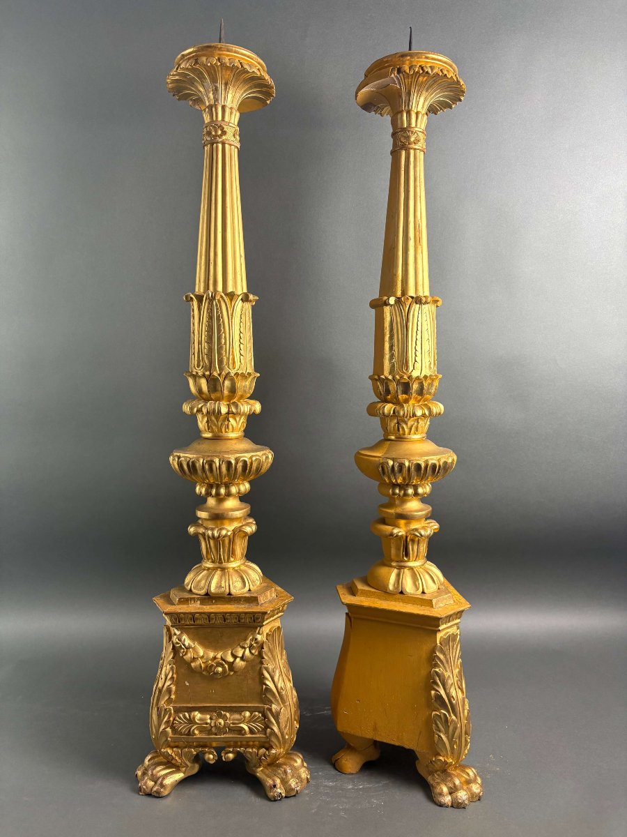 18th Imposing Pair Of Gilt Wood Candlesticks-photo-2