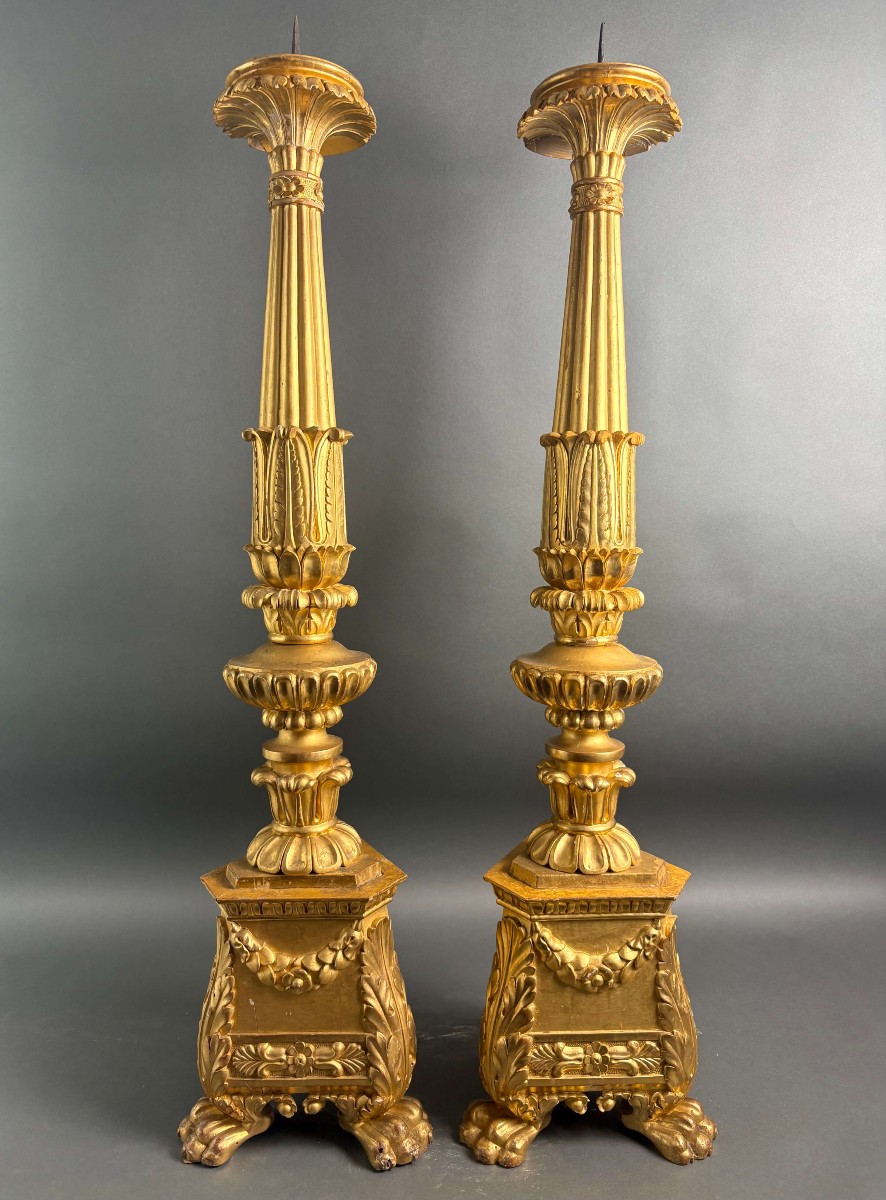 18th Imposing Pair Of Gilt Wood Candlesticks