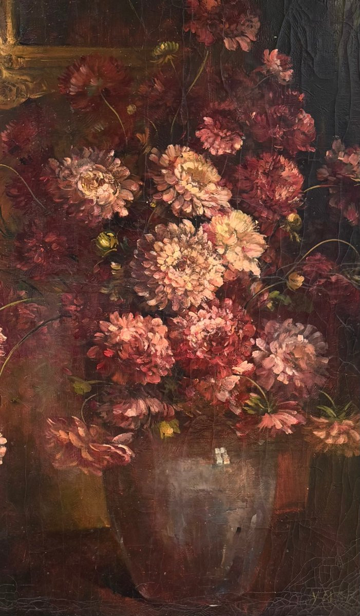 Early 20th Large Still Life French School Vase Of Flowers-photo-3