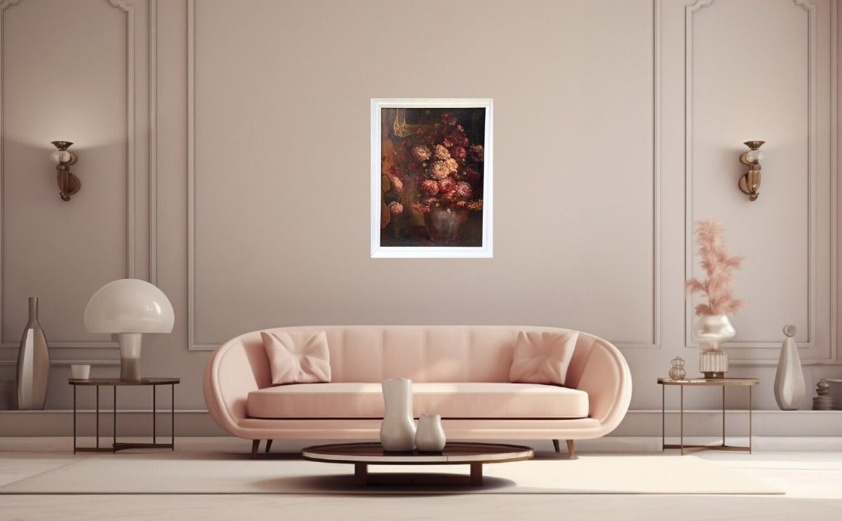 Early 20th Large Still Life French School Vase Of Flowers-photo-4