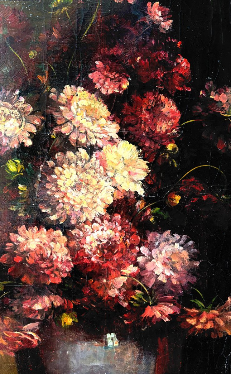 Early 20th Large Still Life French School Vase Of Flowers-photo-2