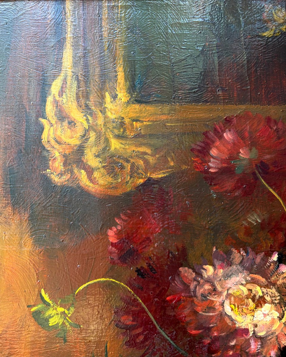 Early 20th Large Still Life French School Vase Of Flowers-photo-6