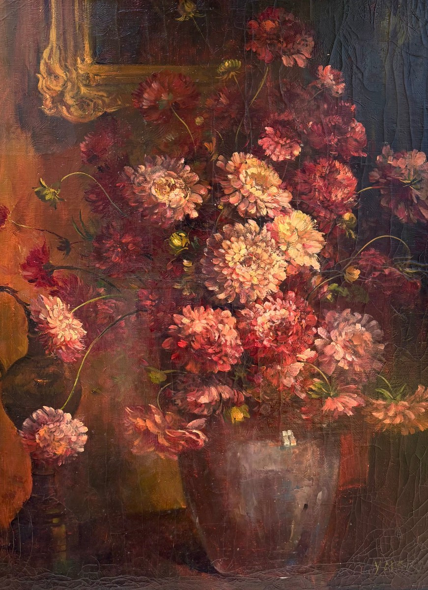 Early 20th Large Still Life French School Vase Of Flowers