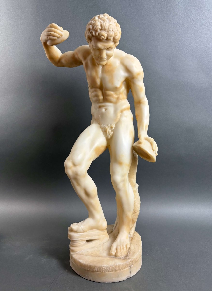 Satyre aux Cymbales Grande Sculpture en Albâtre XIXe siècle-photo-2