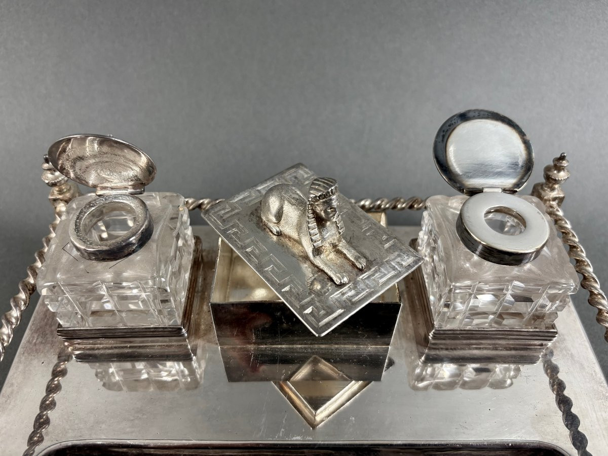 Encrier Art Déco dans le gout Néo-Égyptien Métal Argenté Cristal -photo-3