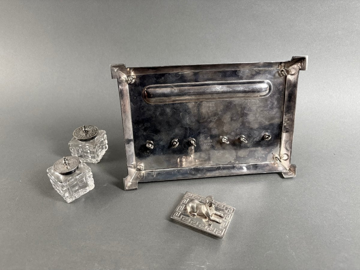 Encrier Art Déco dans le gout Néo-Égyptien Métal Argenté Cristal -photo-3