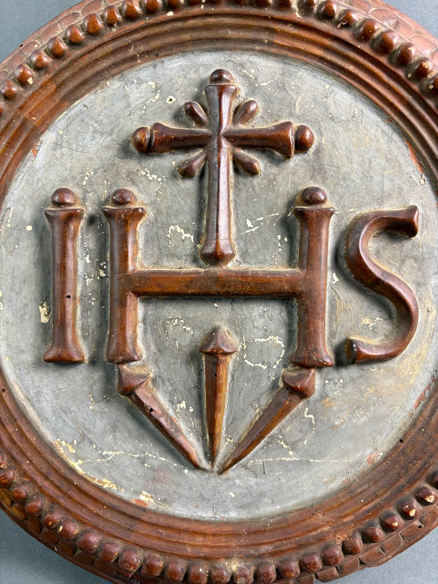 18th Italian Lacquered Wood Coat Of Arms Tondo Frame Bas-relief-photo-3
