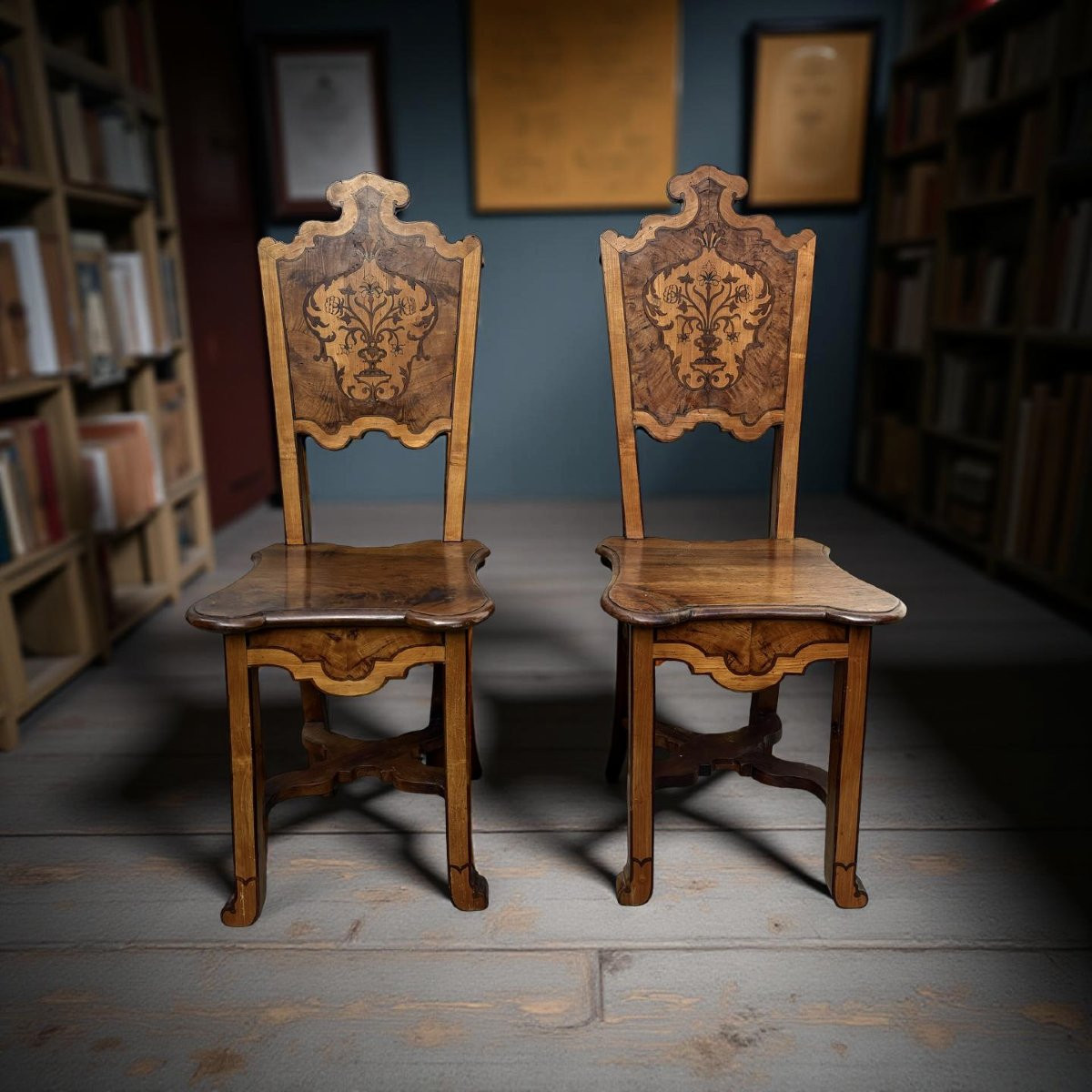 Early 18th Rare Pair Of Venetians Inlaid Chairs -photo-1
