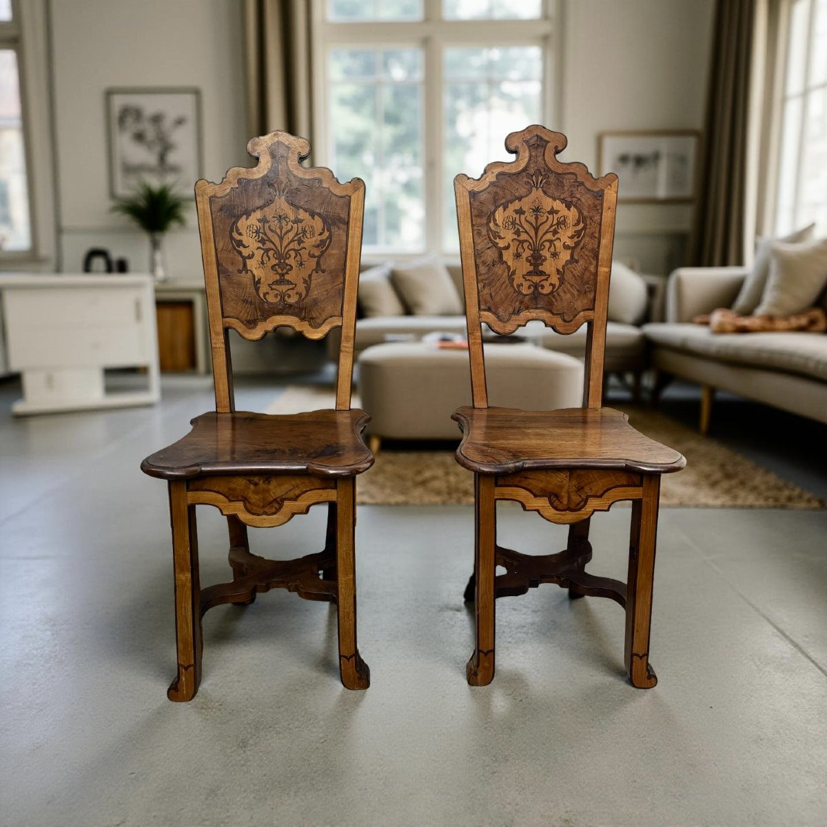 Early 18th Rare Pair Of Venetians Inlaid Chairs -photo-2