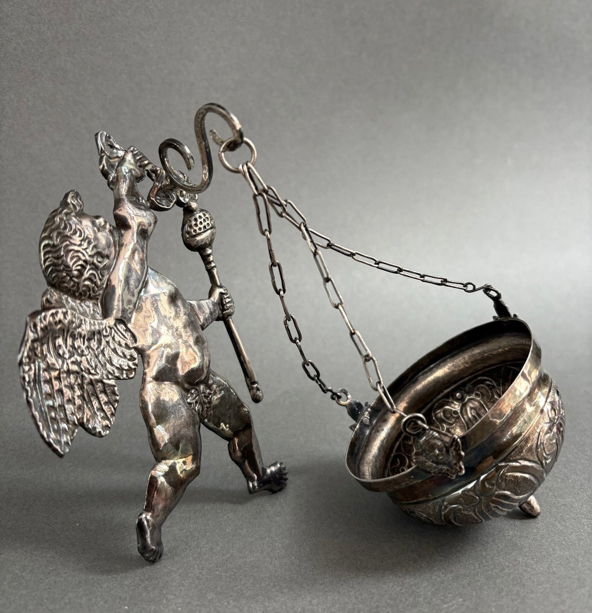 18th Solid Silver Holy Water Stoup Roman Manufacture-photo-4