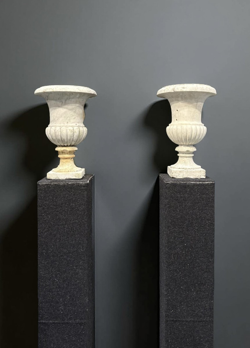 17th Italian Pair Of Medici Vases In Carrara Marble