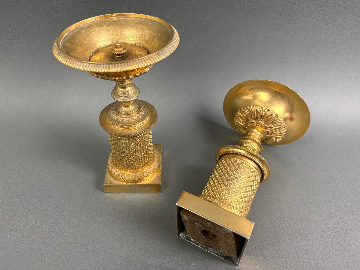 Paire de Vasques Cassolettes Bronze Doré époque Empire vers le 1810-photo-1