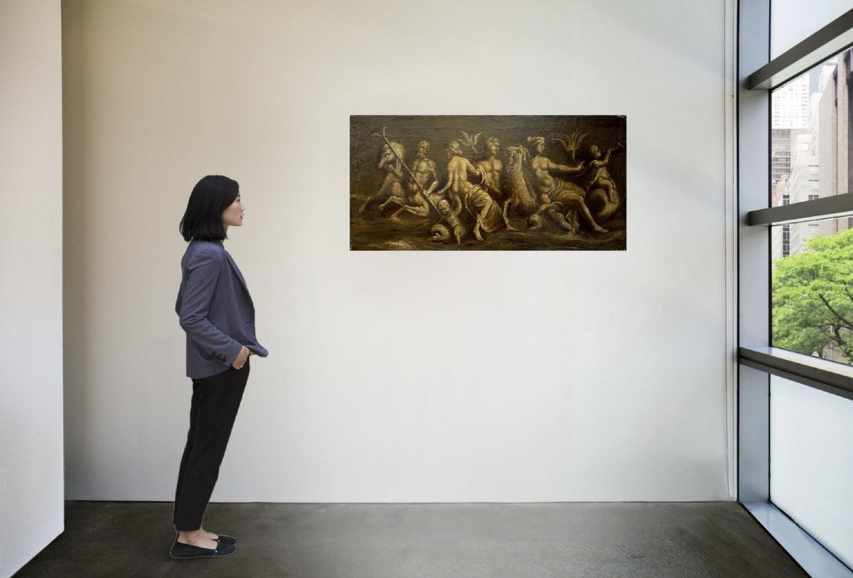 Grande Toile en Grisaille avec Tritons et Néréides, Italie, 18éme-photo-2