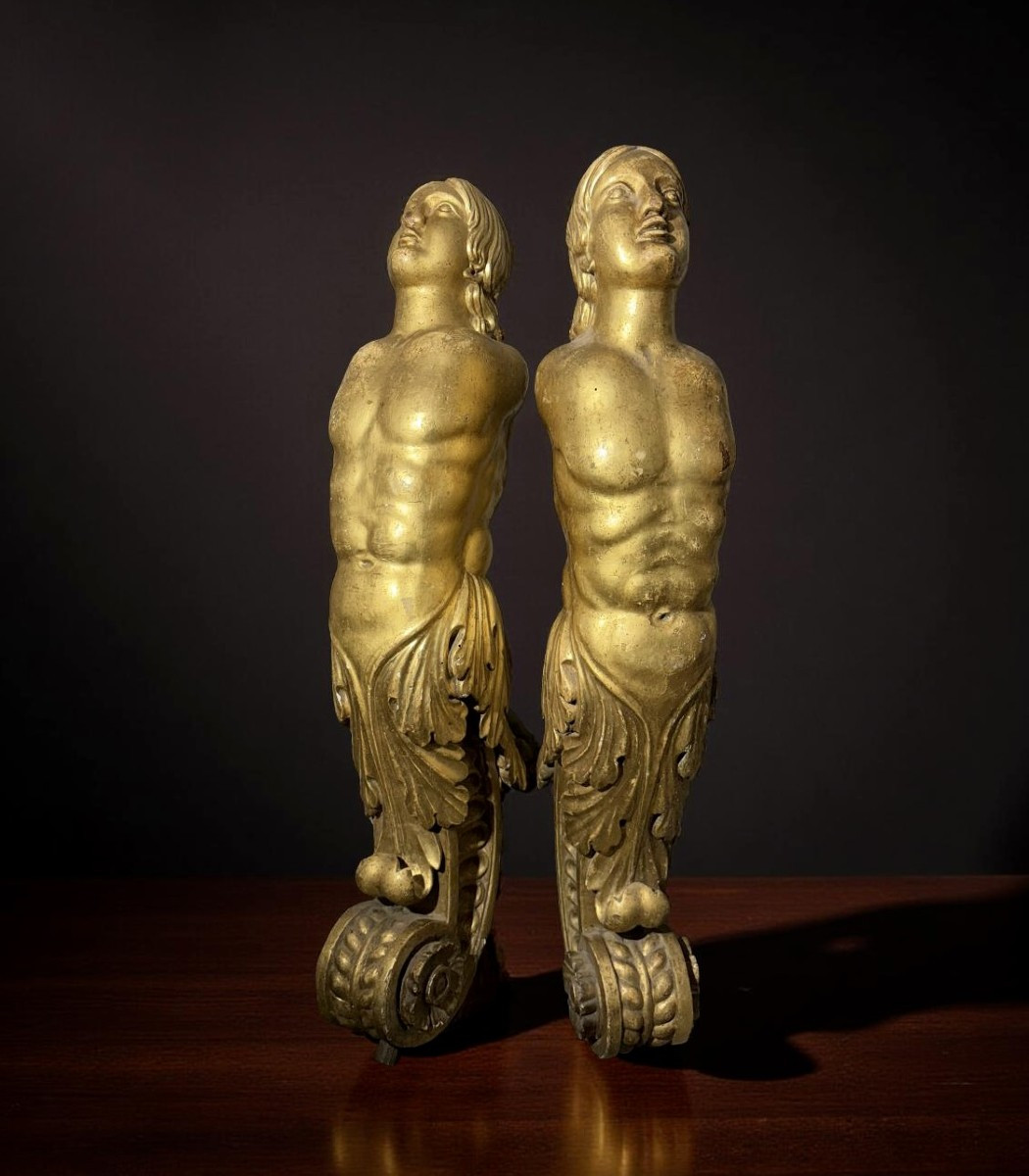 17th Pair Of Large Italian Baroque Caryatids Gilt Wood