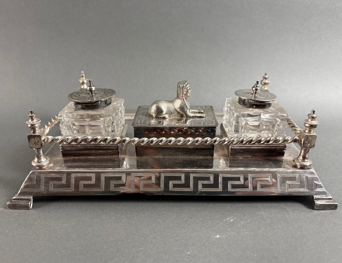 Encrier Art Déco dans le gout Néo-Égyptien Métal Argenté Poinçonné Cristal -photo-3