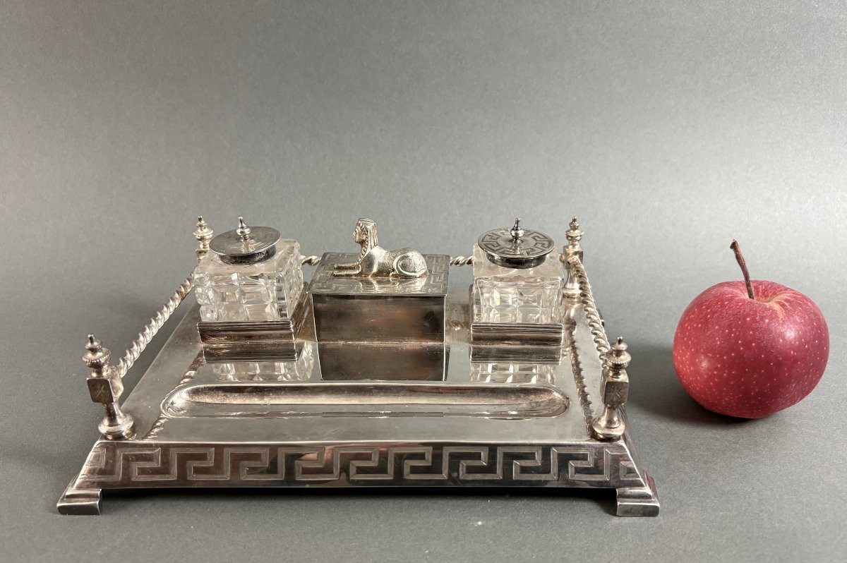 Encrier Art Déco dans le gout Néo-Égyptien Métal Argenté Poinçonné Cristal -photo-4