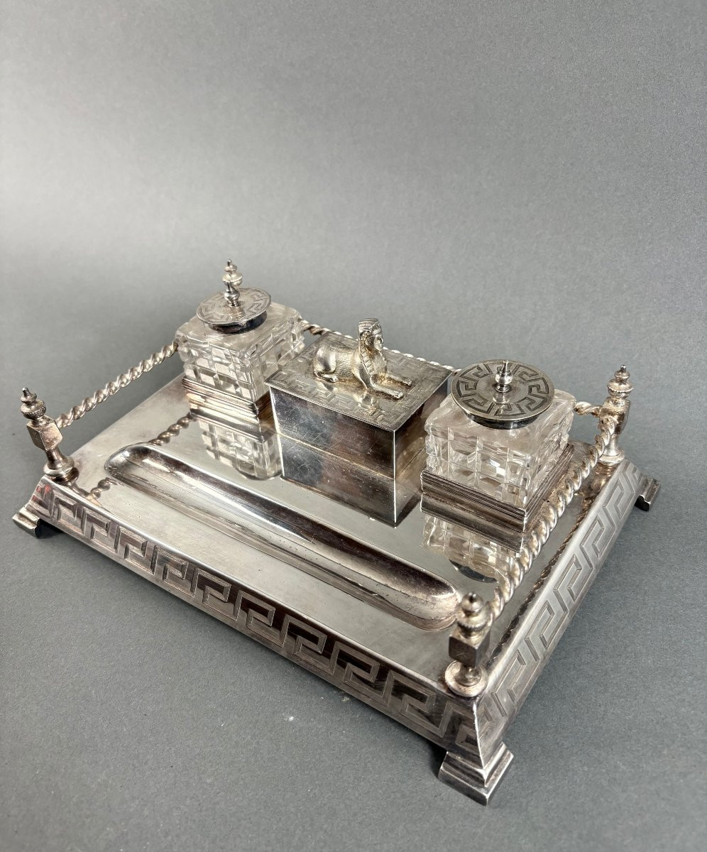 Encrier Art Déco dans le gout Néo-Égyptien Métal Argenté Poinçonné Cristal -photo-1