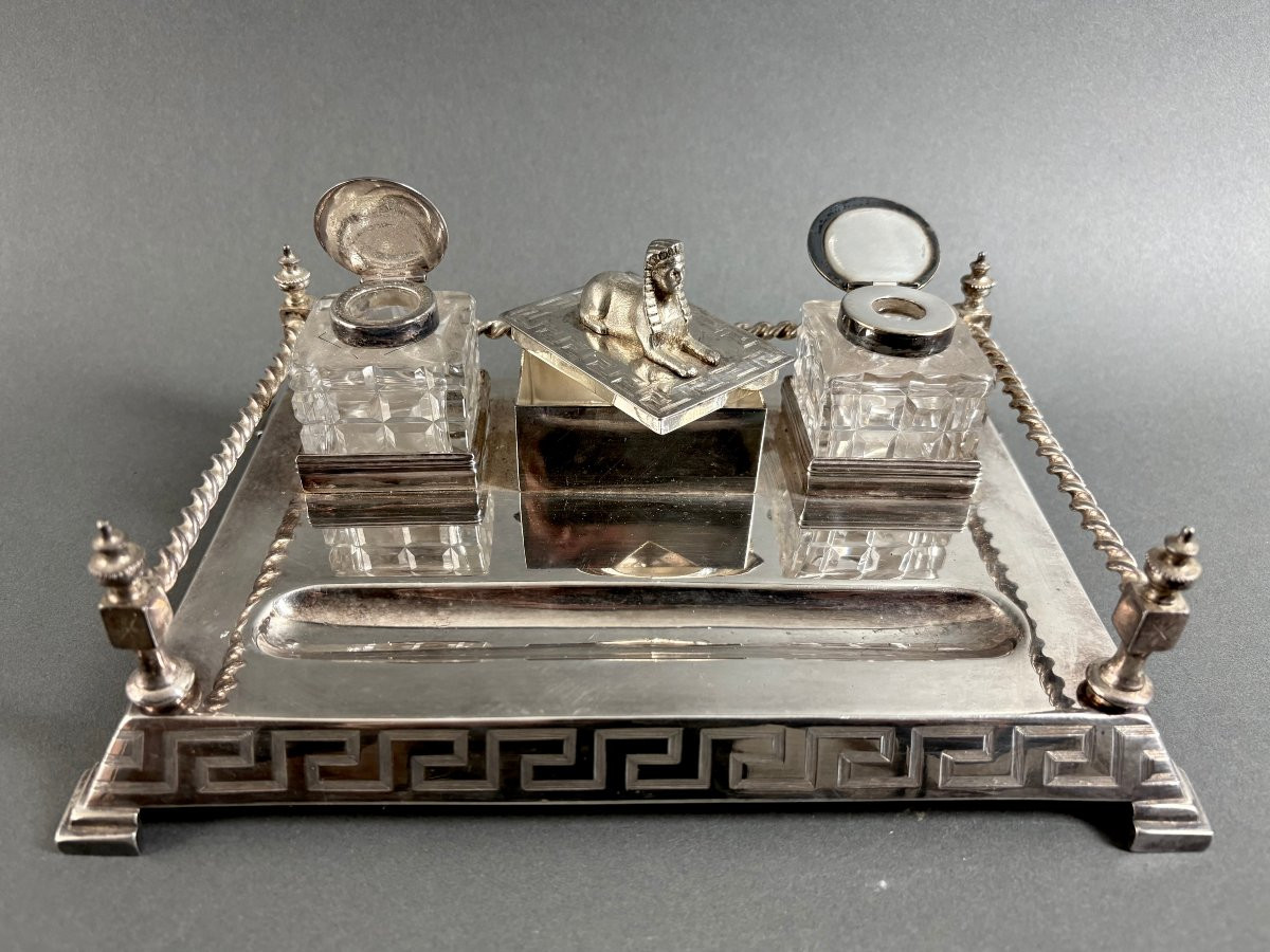 Encrier Art Déco dans le gout Néo-Égyptien Métal Argenté Poinçonné Cristal -photo-3