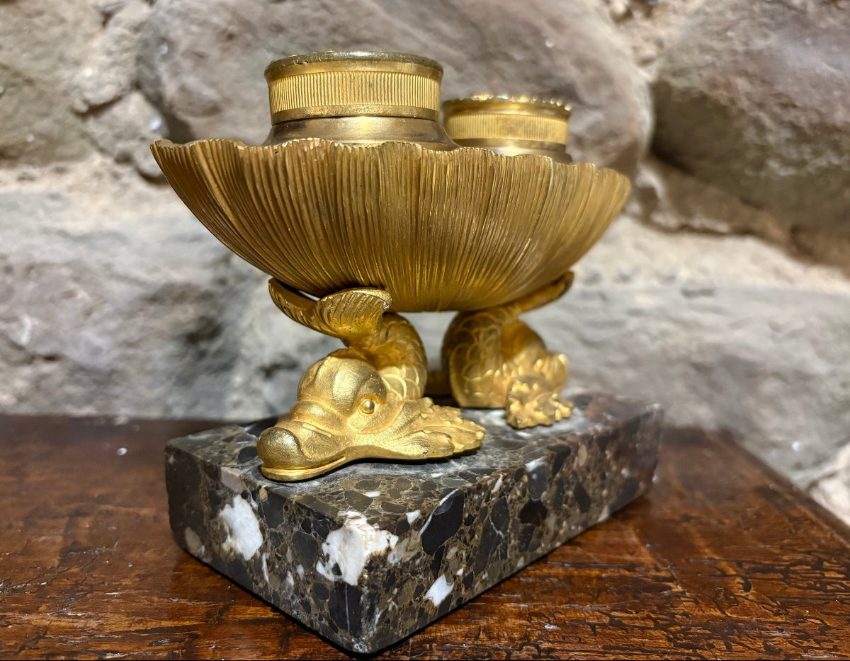 Encrier Empire Navette aux Dauphins Bronze Doré Ormolu début 19éme-photo-3