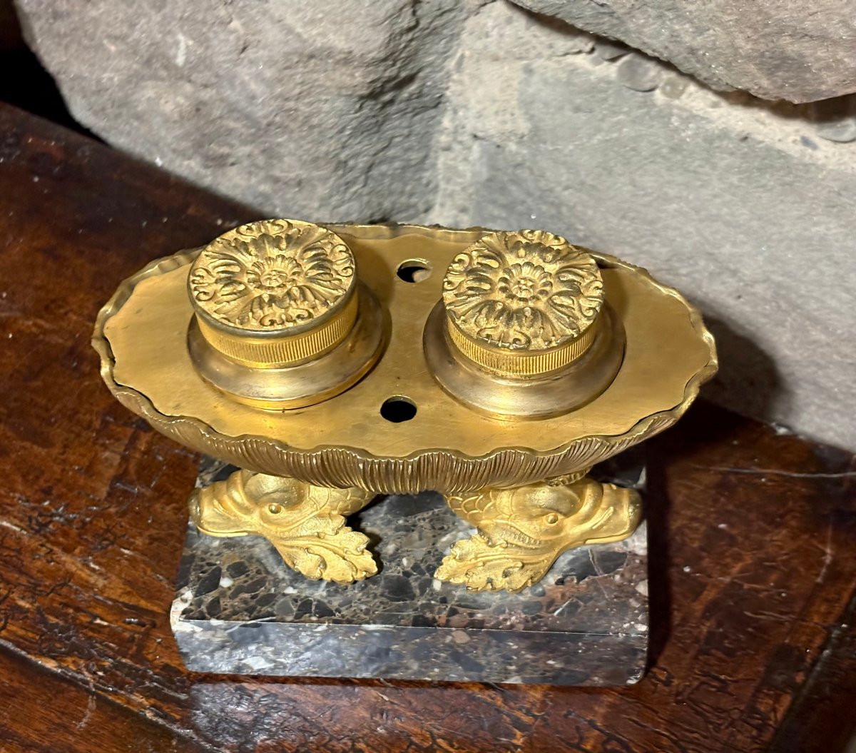 Encrier Empire Navette aux Dauphins Bronze Doré Ormolu début 19éme-photo-4