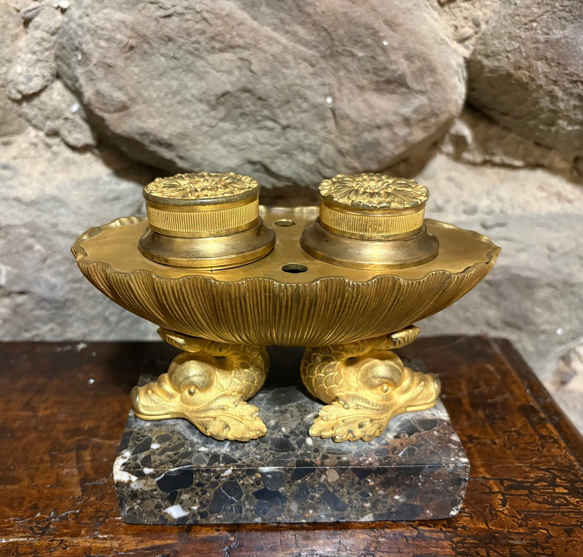 Encrier Empire Navette aux Dauphins Bronze Doré Ormolu début 19éme-photo-1