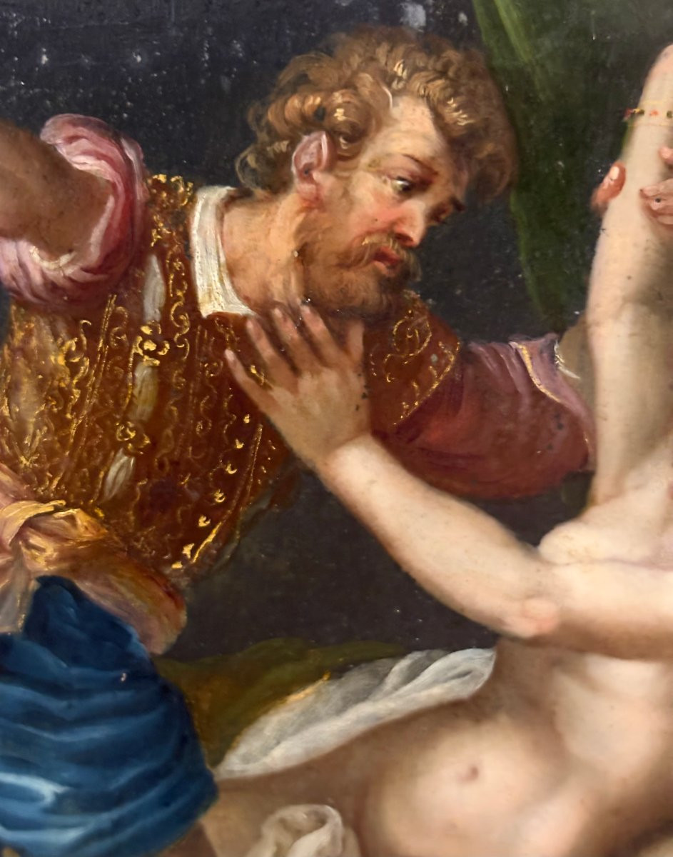 Early 17th Oil On  Slate Venetian School "tarquin And Lucretia"-photo-1