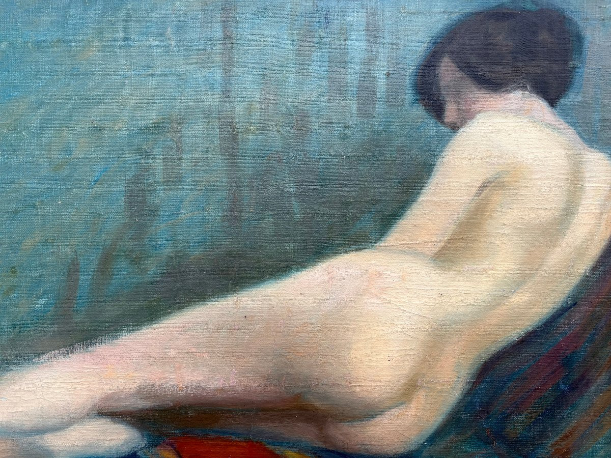 Early 20th Large Painting "elongated Female Nude" Oil On Canvas-photo-3