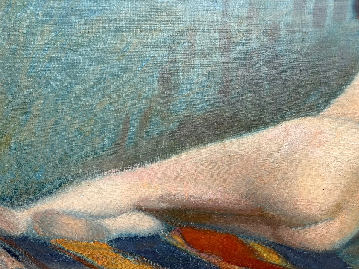 Early 20th Large Painting "elongated Female Nude" Oil On Canvas-photo-4