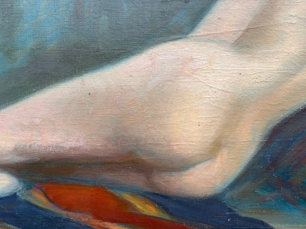 Early 20th Large Painting "elongated Female Nude" Oil On Canvas-photo-1