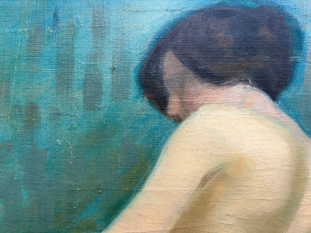 Early 20th Large Painting "elongated Female Nude" Oil On Canvas-photo-2