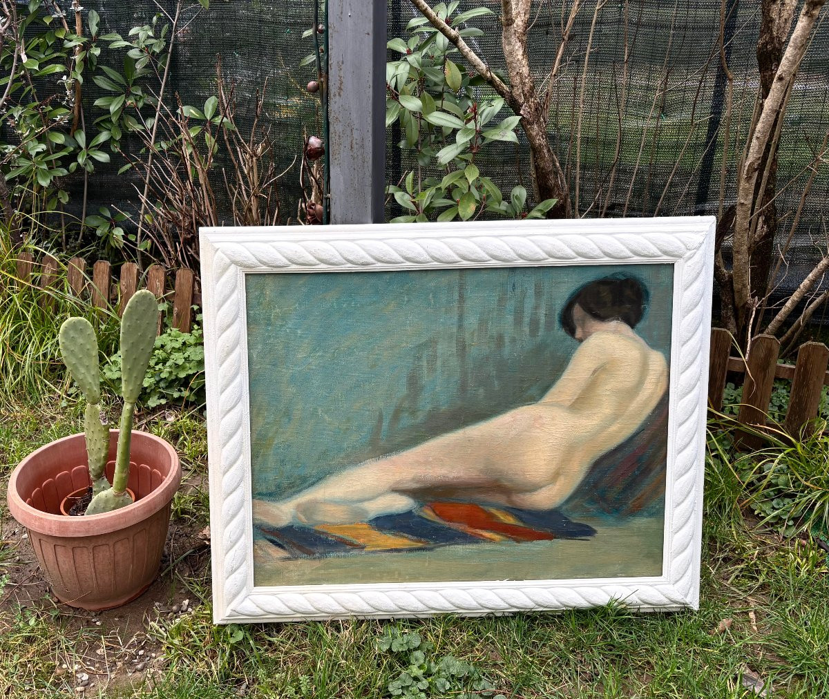 Early 20th Large Painting "elongated Female Nude" Oil On Canvas-photo-4