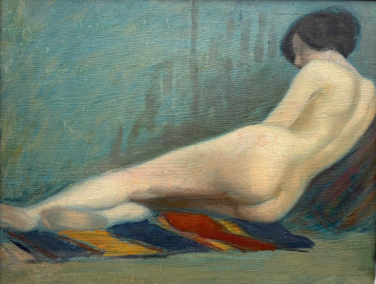Early 20th Large Painting "elongated Female Nude" Oil On Canvas