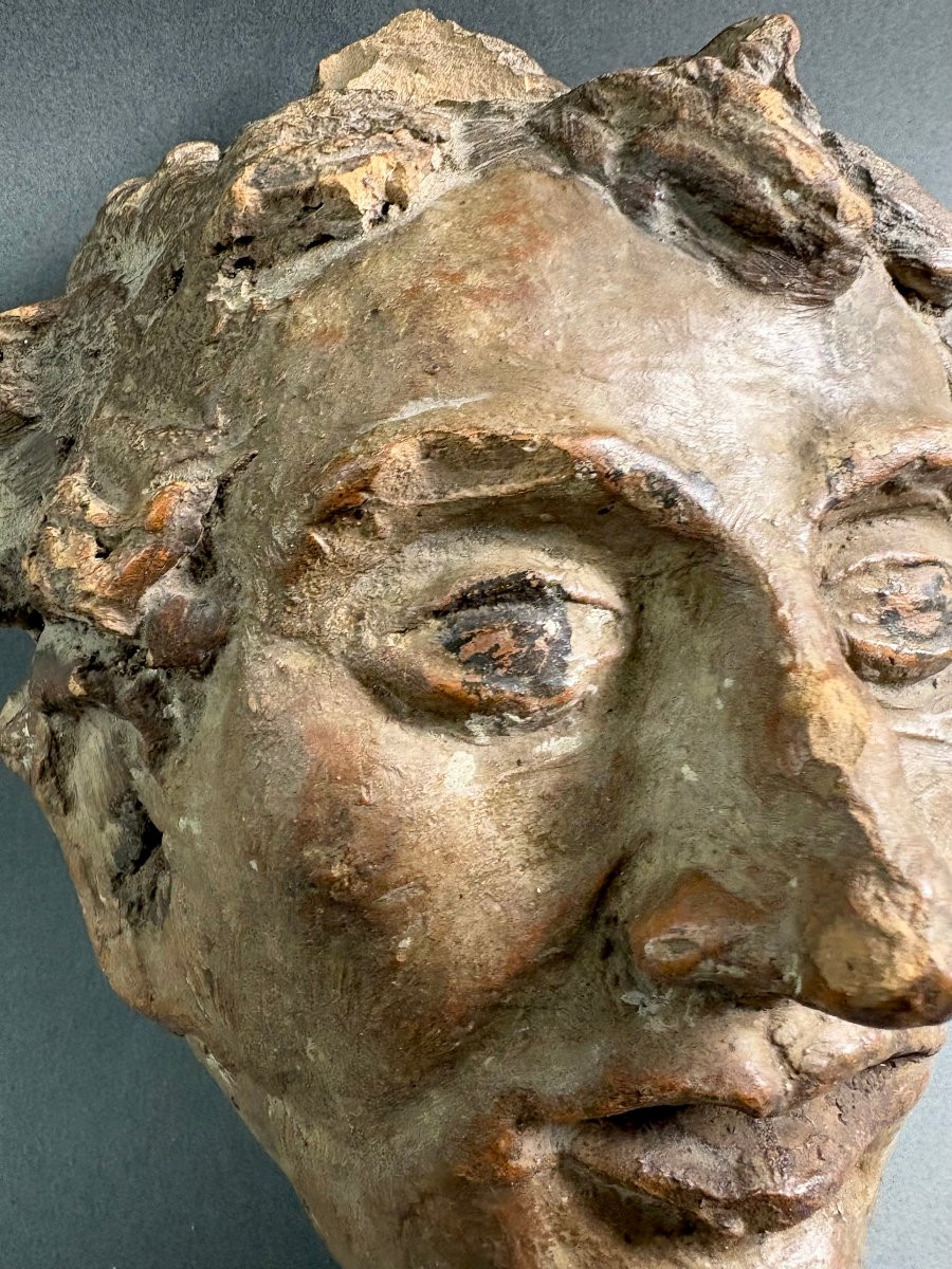 Tête de Faune en Haut-Relief Terre Cuite Polychrome, XVIIIe siècle-photo-3