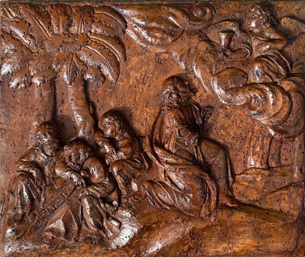 17th Large Italian Walnut Bas-relief Panel "garden Of Gethsemane"