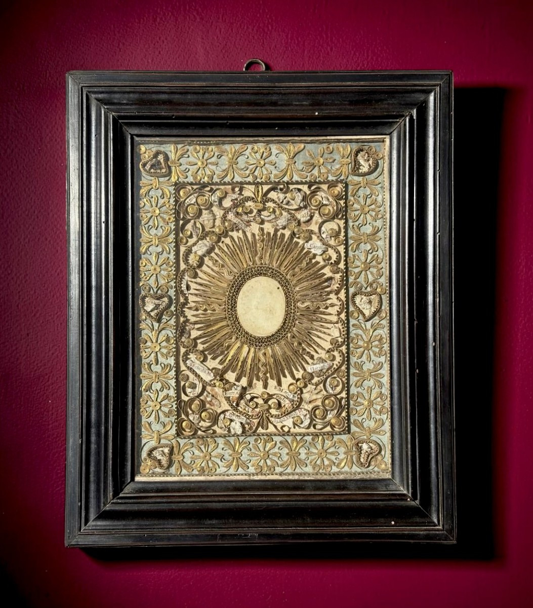 Large 18th-century Reliquary Frame With 42 Relics (teeth And Bones)