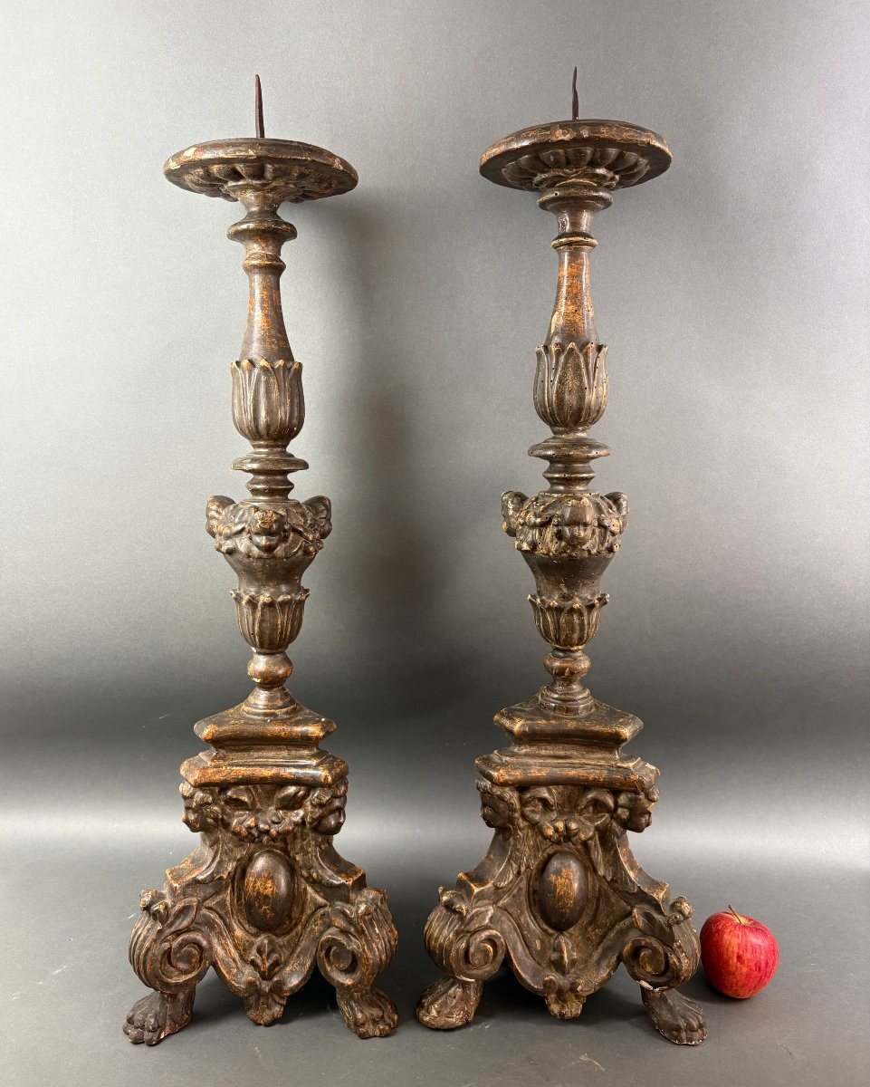 Paire De Grands Pique-cierges Candélabres Baroque Italien 18éme-photo-2
